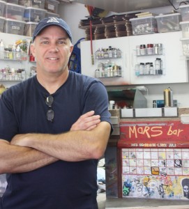 Randy Hage in front of the Mars Bar replica of the original store