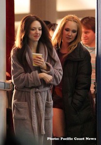 Seyfried, with Juno Temple, on the L.A. set of "Lovelace." 