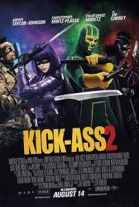 Kick-Ass 2 movie poster, featuring Jim Carrey, Chloe Grace Moretz, Aaaron Taylor-Johnson, and Christopher Mintz Plasse - Universal Pictures