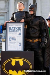 Lukemia survivor, 5 year old Miles Scott aka: BatKid, posing for photo in San Francisco 