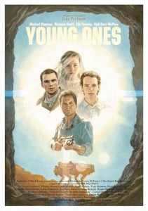 The movie poster for "Young Ones" feauturing Elle Fanning, Nicholas Hoult, Kodi Smit-McPhee, and Michael Shanon, in a futuristic western landscape. 