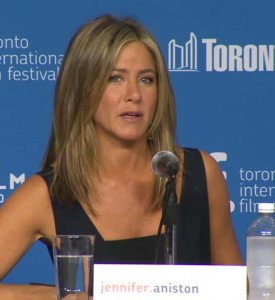 actress Jennifer Aniston answering questions during press conference for her latest film Cake, in Toronto 