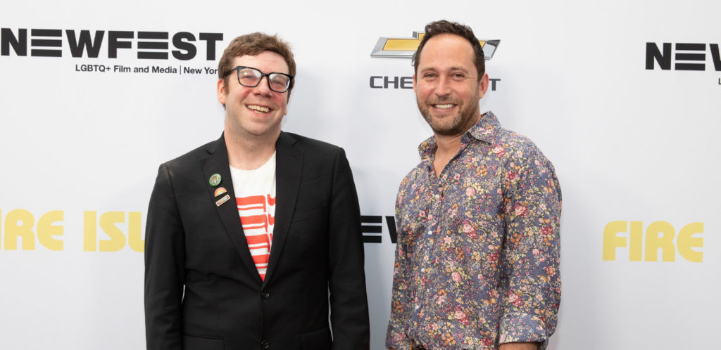 Nick McCarthy, festival programmer and executive director, Davis Hatkoff pose for a photo at NewFest Pride film festival.